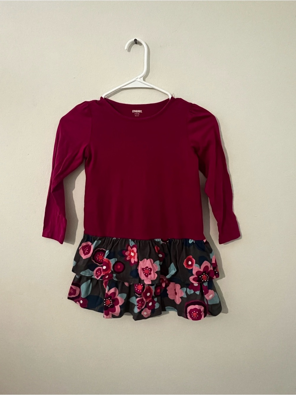 Gymboree 5/6 Maroon Long-Sleeve Tiered Floral Dress Top